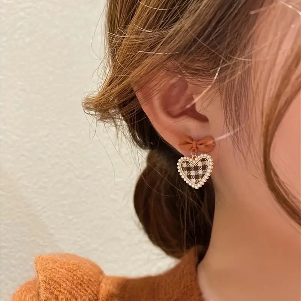 NEW Checkered bow earrings coquette bow jewelry fall jewelry plaid pearl earring